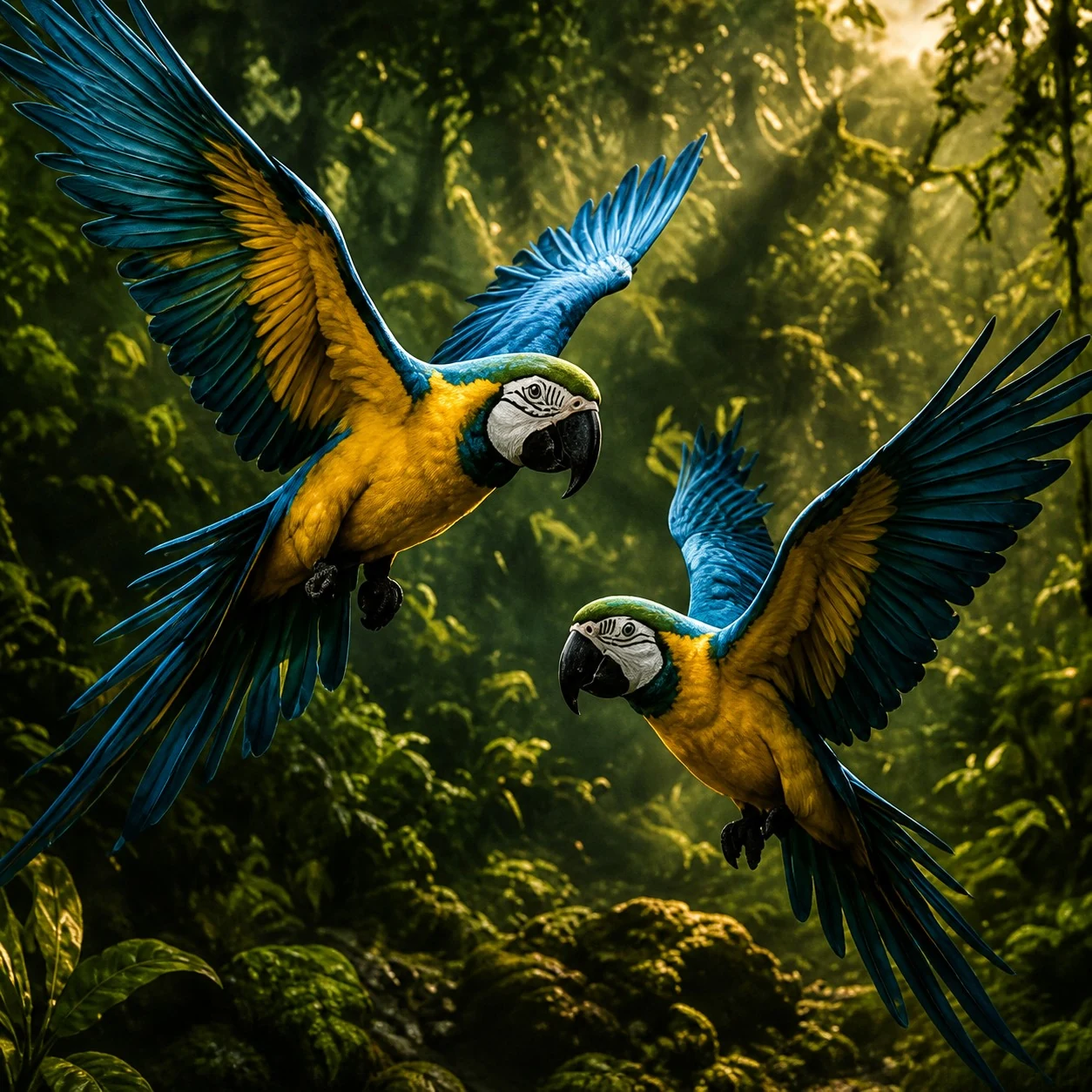 Macaws flying freely