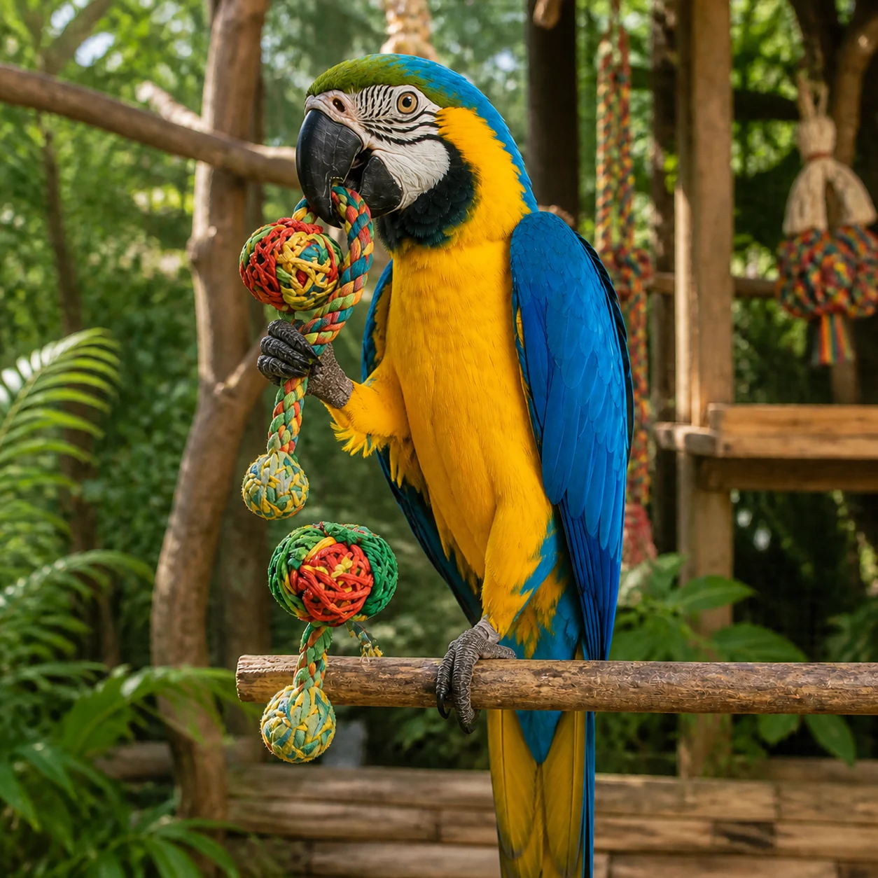 Macaw playing with his toys