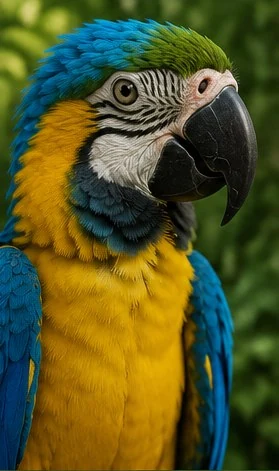 Portrait of CARRY, a blue-and-gold macaw