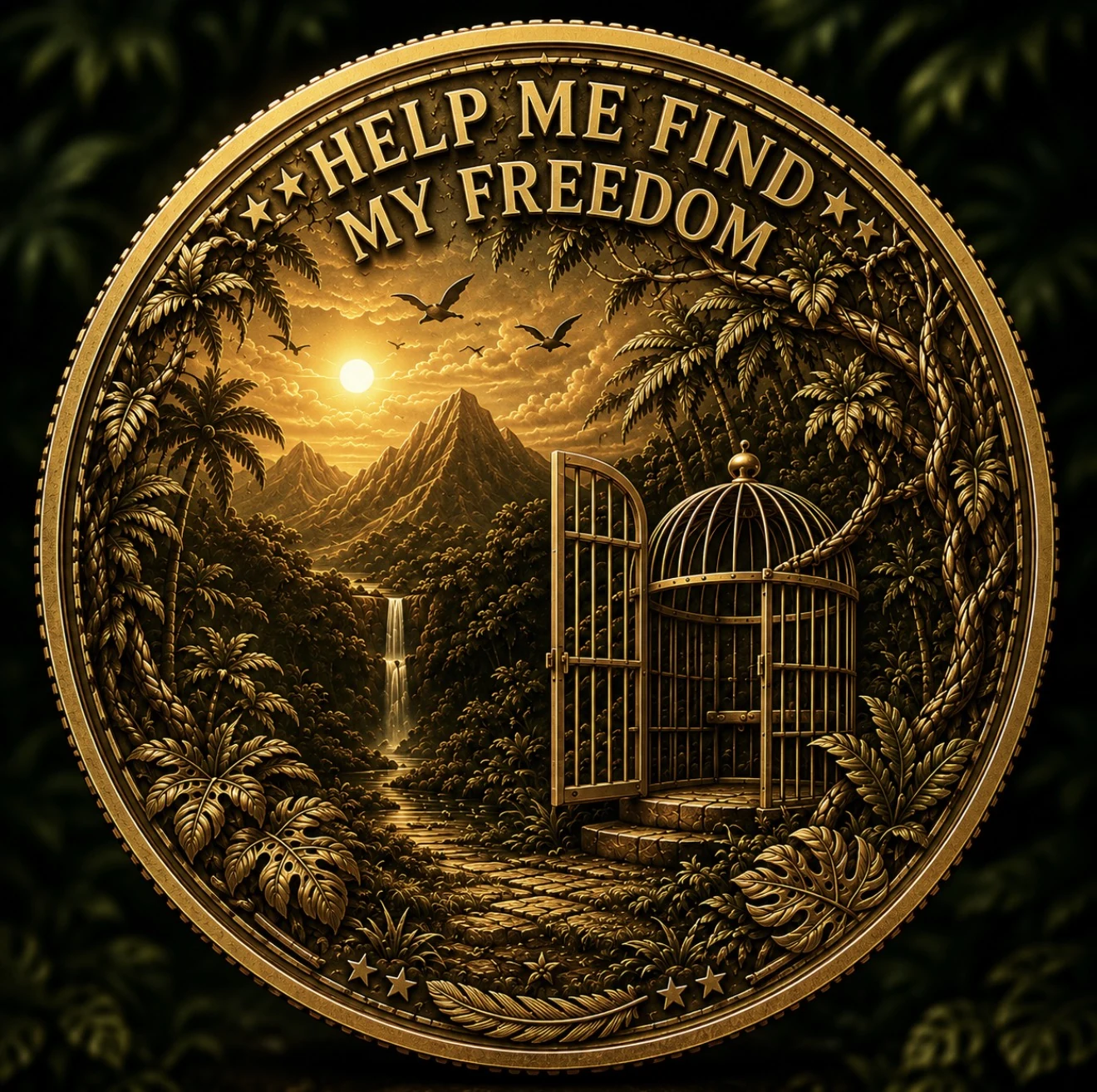 Freedom coin with an open cage