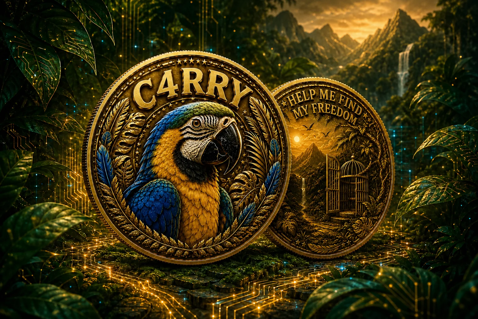 CARRY coins in a luminous digital jungle